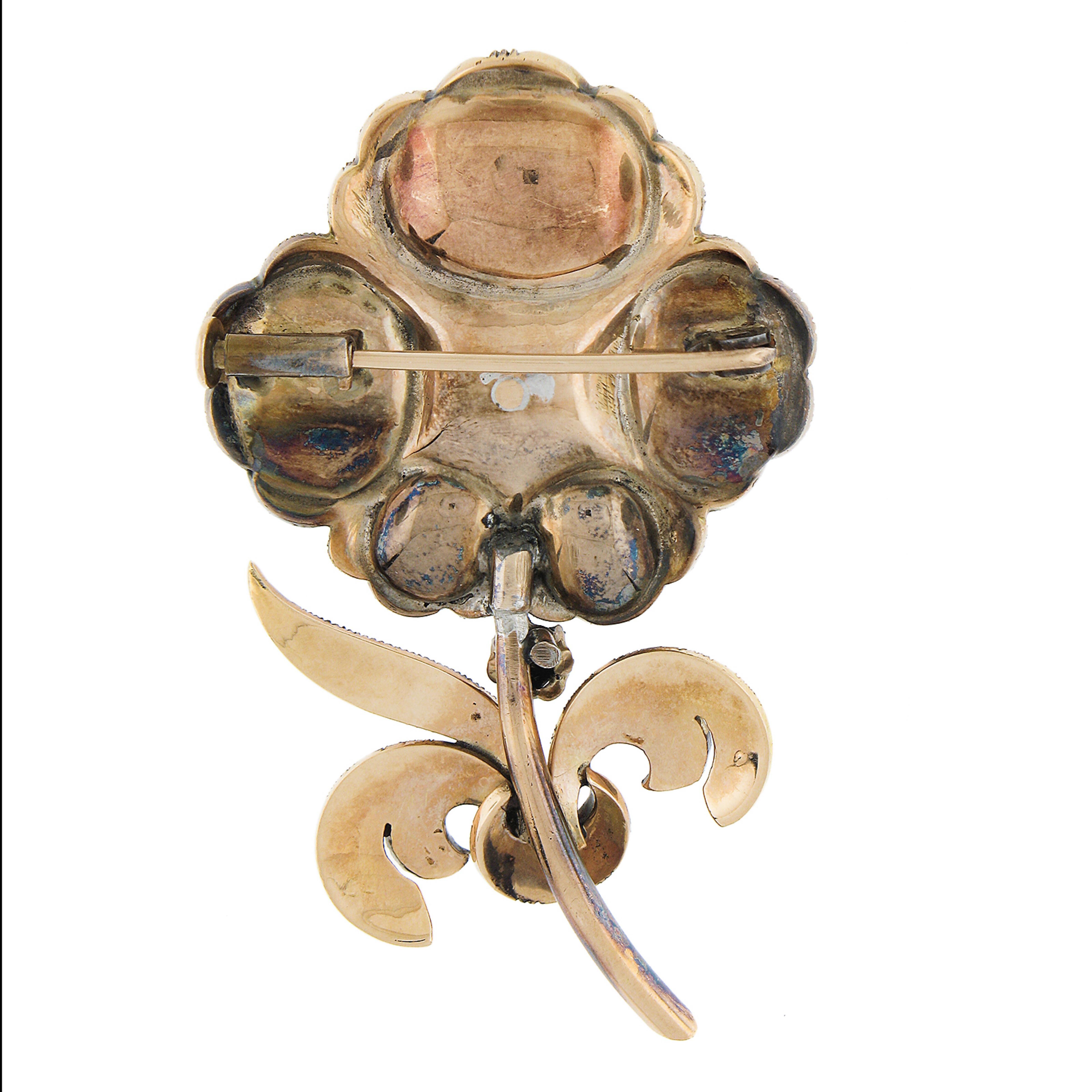 Vintage Georgian Revival 14k Gold 5ctw Rose Cut Diamond Flower Pin Brooch In Excellent Condition For Sale In Montclair, NJ