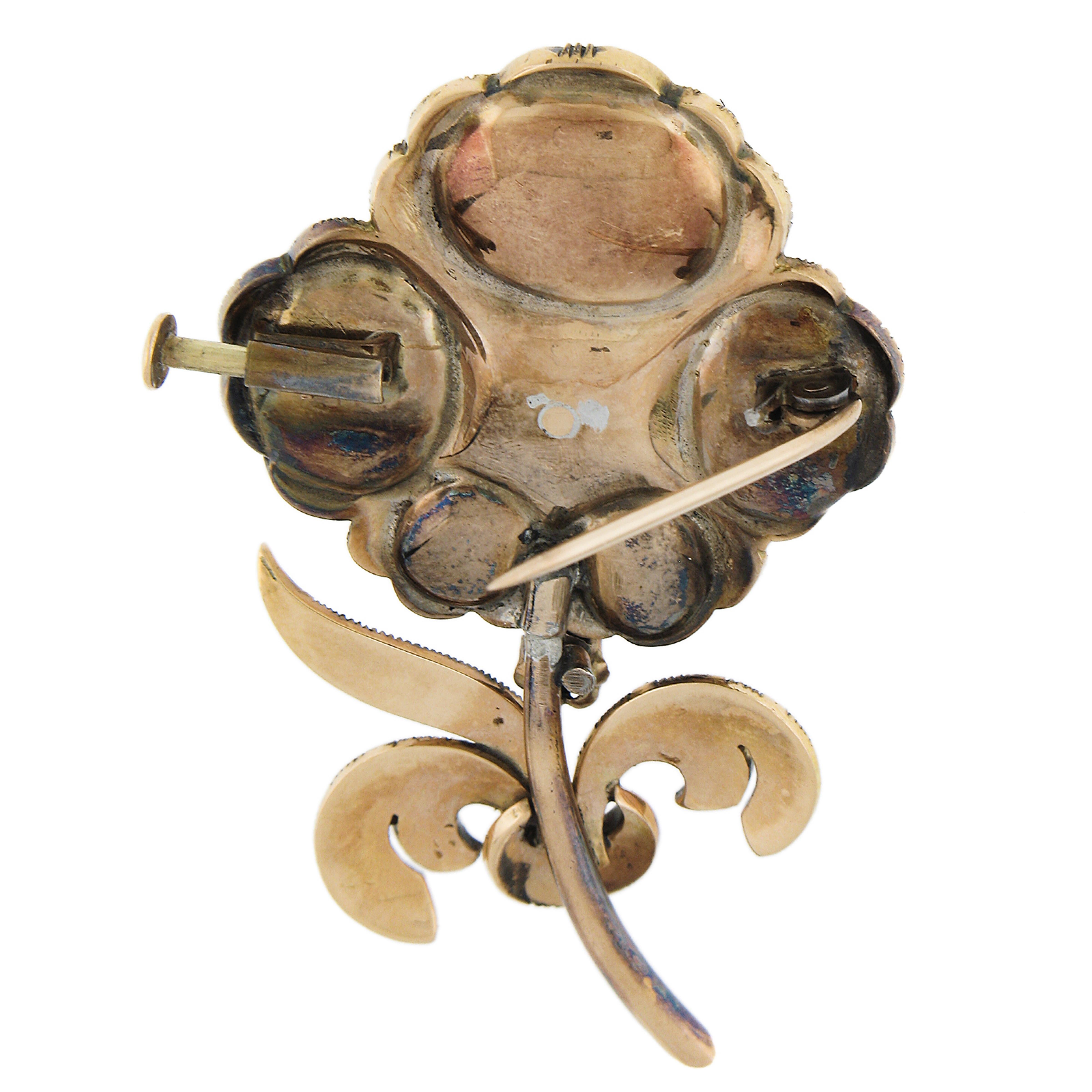 Women's Vintage Georgian Revival 14k Gold 5ctw Rose Cut Diamond Flower Pin Brooch For Sale