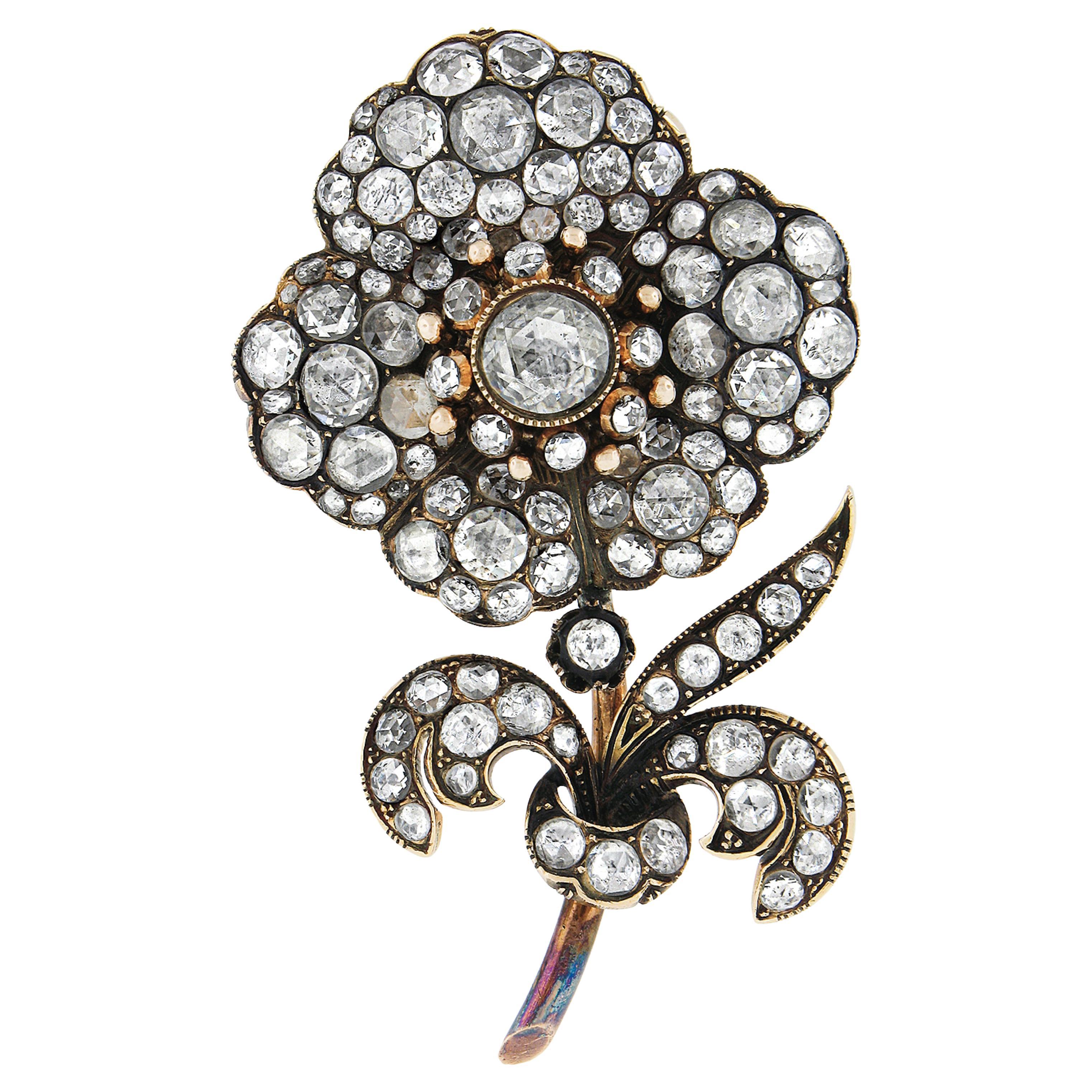 Vintage Georgian Revival 14k Gold 5ctw Rose Cut Diamond Flower Pin Brooch