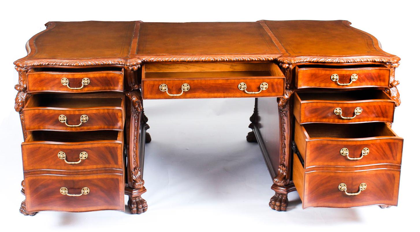 Vintage Georgian Revival Mahogany Lion's Head Partner's Desk, 20th Century 7