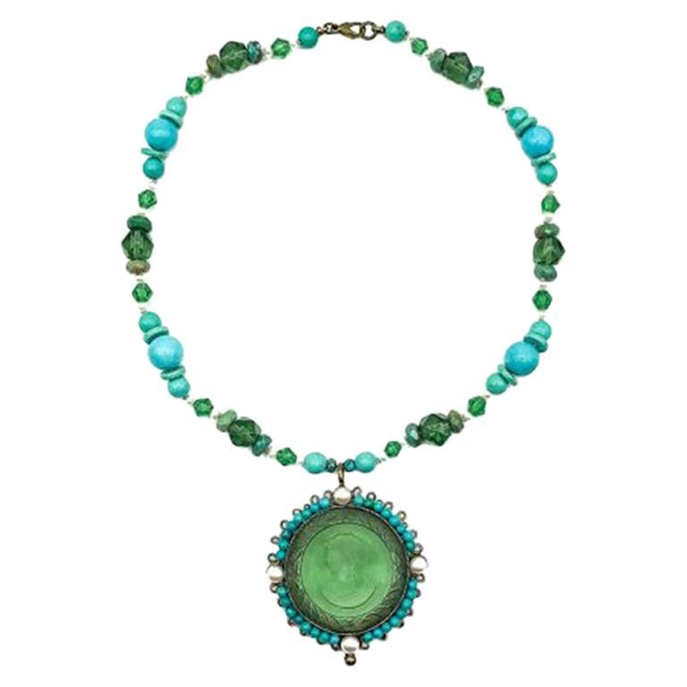 Vintage Revival Turquoise and Pearl Intaglio Necklace 1960s