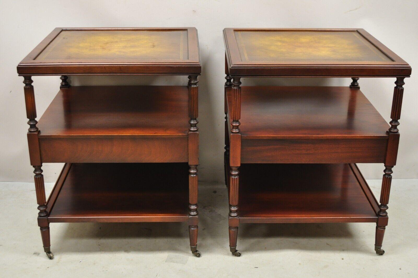 Vintage Georgian Style 3 Tier Leather Top Mahogany End Tables w/ Drawer - a Pair 5