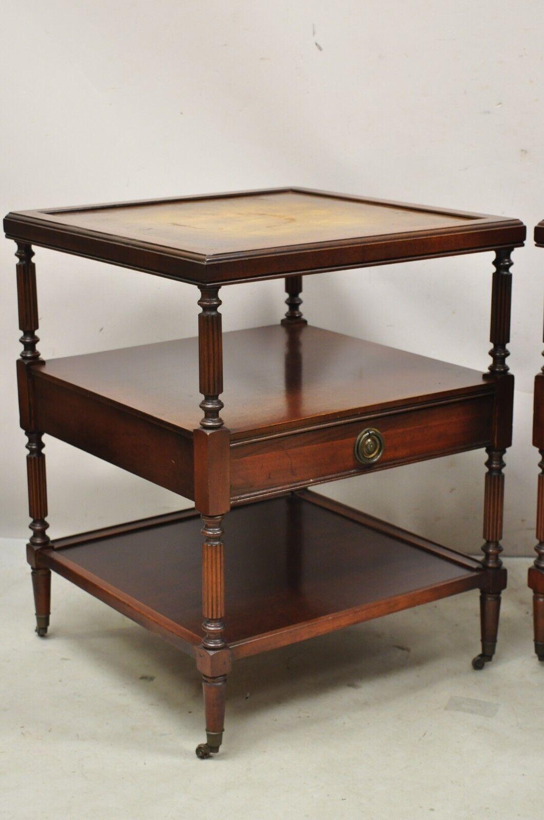Vintage Georgian Style 3 Tier Leather Top Mahogany End Tables w/ Drawer - a Pair 6
