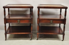Vintage Georgian Style 3 Tier Leather Top Mahogany End Tables w/ Drawer - a Pair