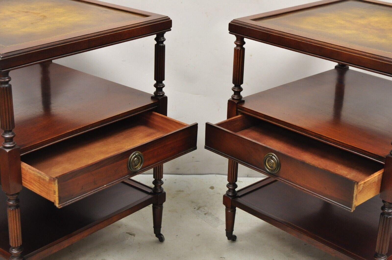 Vintage Georgian Style 3 Tier Leather Top Mahogany End Tables w/ Drawer - a Pair In Good Condition In Philadelphia, PA