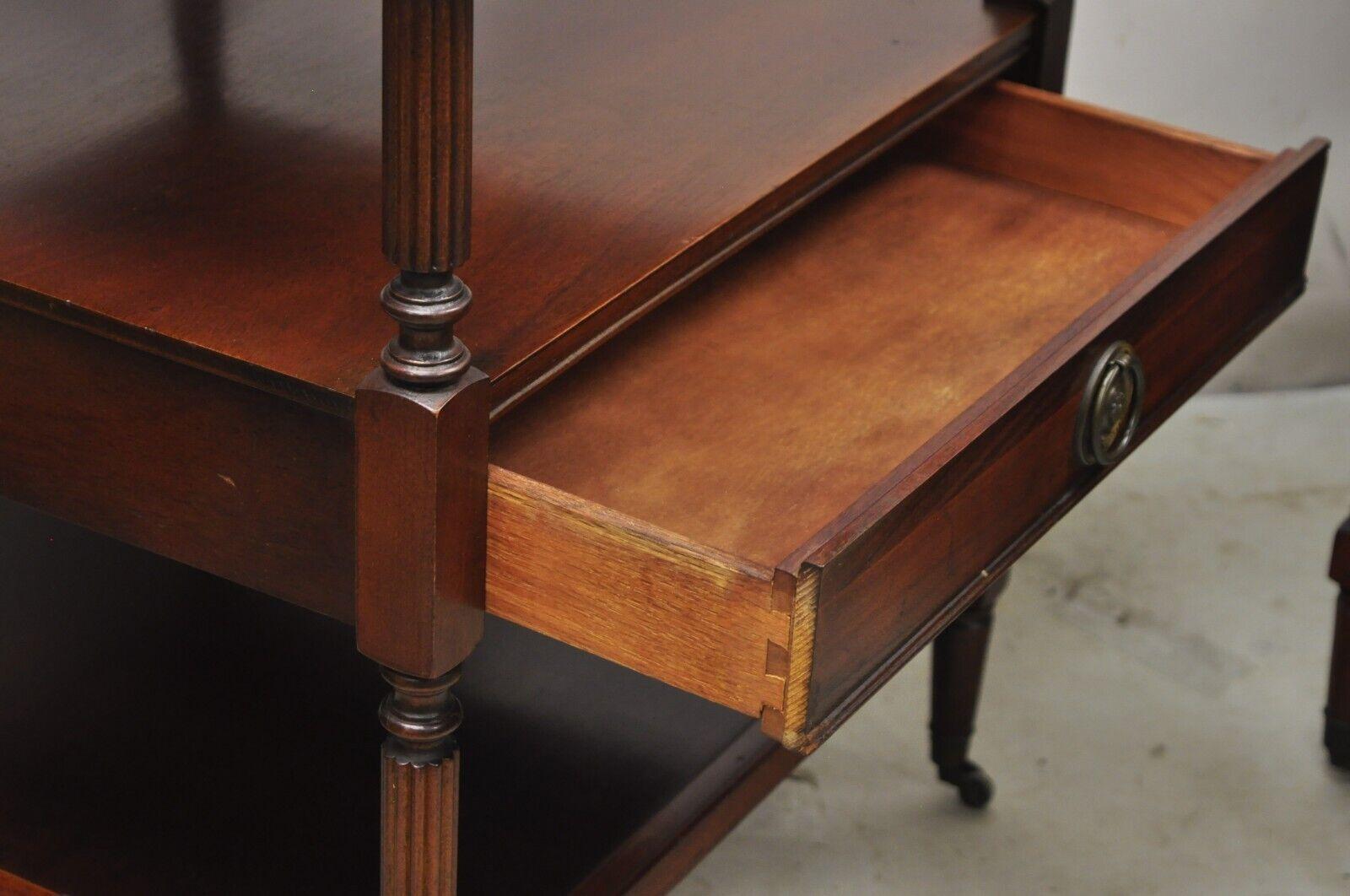 Vintage Georgian Style 3 Tier Leather Top Mahogany End Tables w/ Drawer - a Pair 2