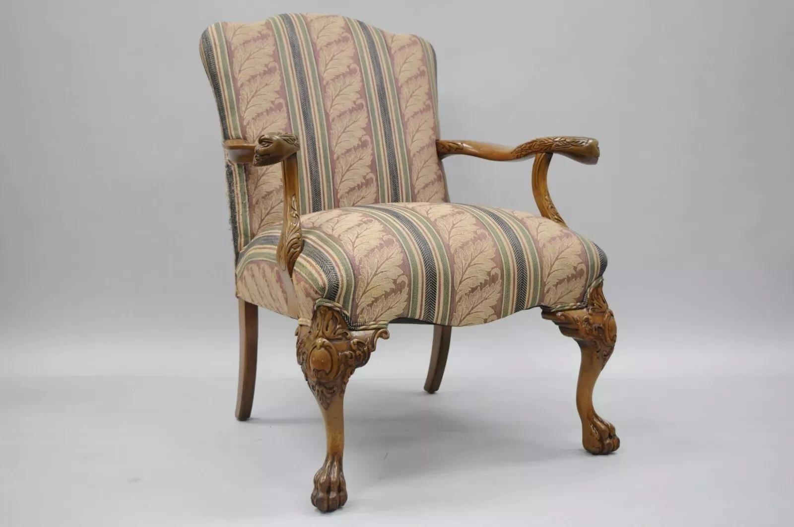 Vintage Georgian Style Carved Mahogany Figural Faces Paw Foot Lounge Arm Chair For Sale 5