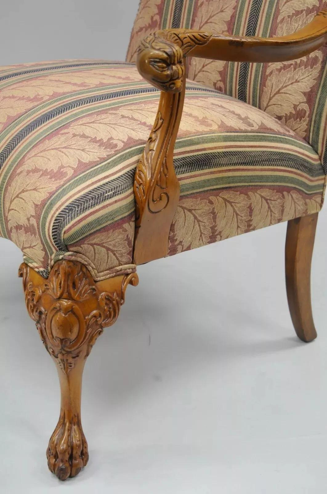 Unknown Vintage Georgian Style Carved Mahogany Figural Faces Paw Foot Lounge Arm Chair For Sale