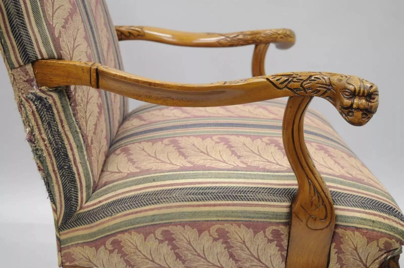Vintage Georgian Style Carved Mahogany Figural Faces Paw Foot Lounge Arm Chair In Good Condition For Sale In Philadelphia, PA