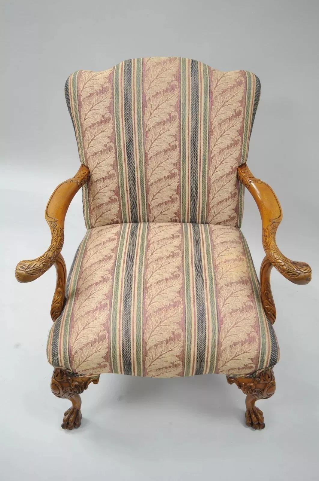 Fabric Vintage Georgian Style Carved Mahogany Figural Faces Paw Foot Lounge Arm Chair For Sale