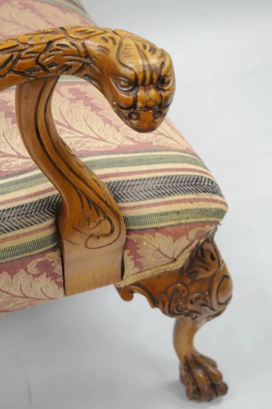 Vintage Georgian Style Carved Mahogany Figural Faces Paw Foot Lounge Arm Chair For Sale 1
