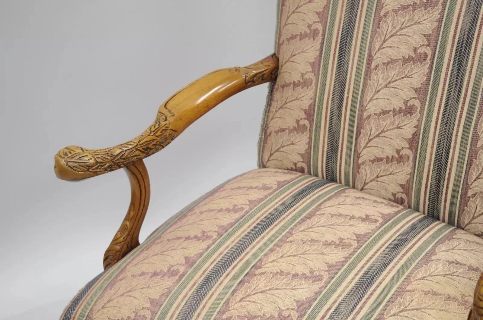 Vintage Georgian Style Carved Mahogany Figural Faces Paw Foot Lounge Arm Chair For Sale 3