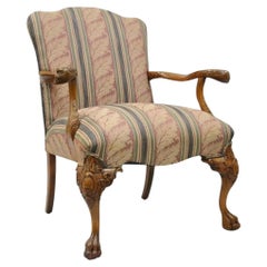 Vintage Georgian Style Carved Mahogany Figural Faces Paw Foot Lounge Arm Chair