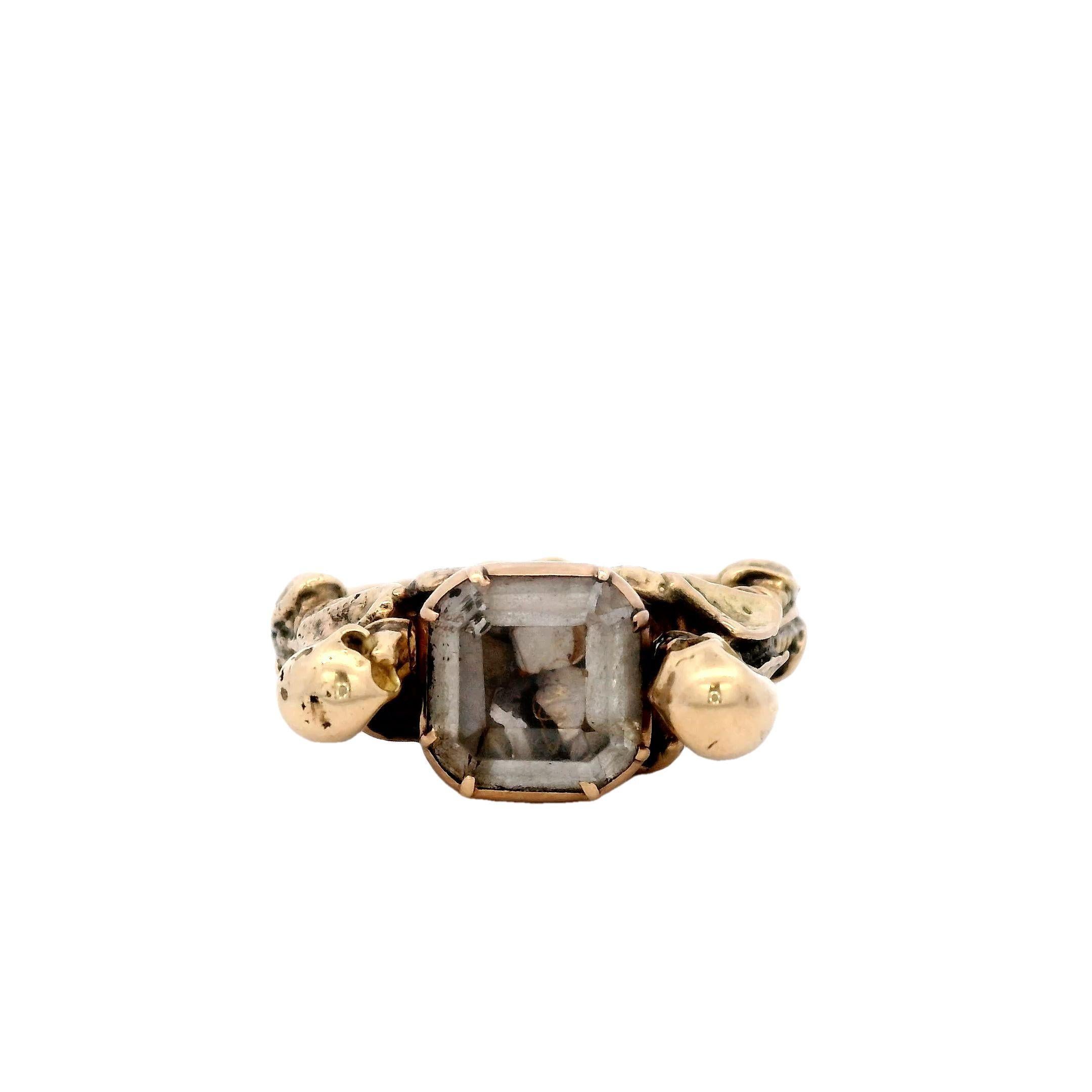 Square Cut Vintage Georgian Style Double Skeleton Stuart Crystal Skull Ring 18 Karat Gold
