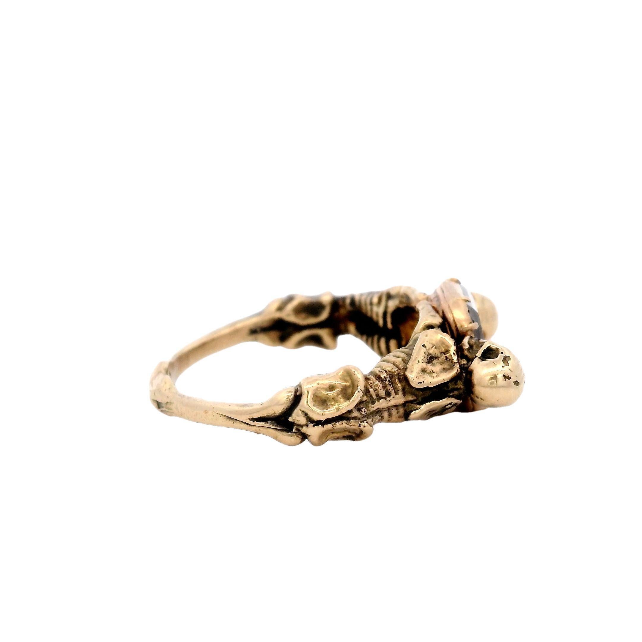 Vintage Georgian Style Double Skeleton Stuart Crystal Skull Ring 18 Karat Gold 1