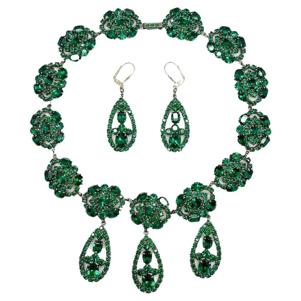 Vintage Georgian Style Emerald Crystal Demi-Parure 1960s For Sale