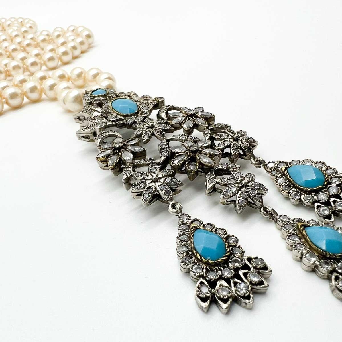 Women's or Men's Vintage Georgian Style Long Pearl Paste & Turquoise Necklace 1960s For Sale