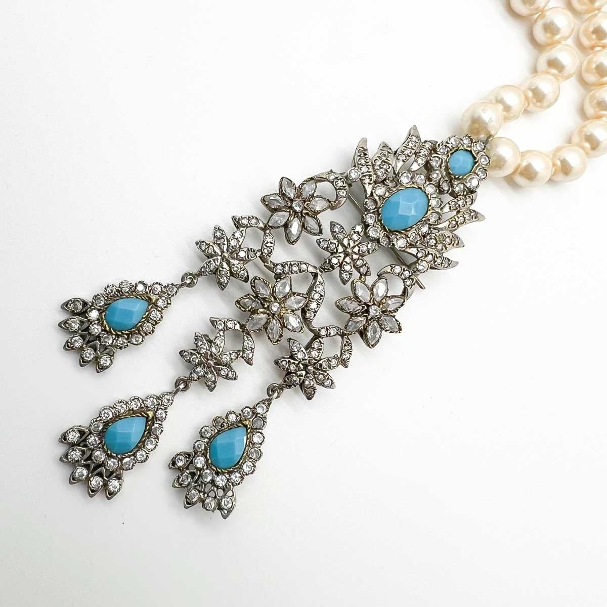 Vintage Georgian Style Long Pearl Paste & Turquoise Necklace 1960s For Sale 2