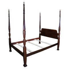 Vintage Georgian Style Mahogany Rice Carved Queen Size Plantation Poster Bed