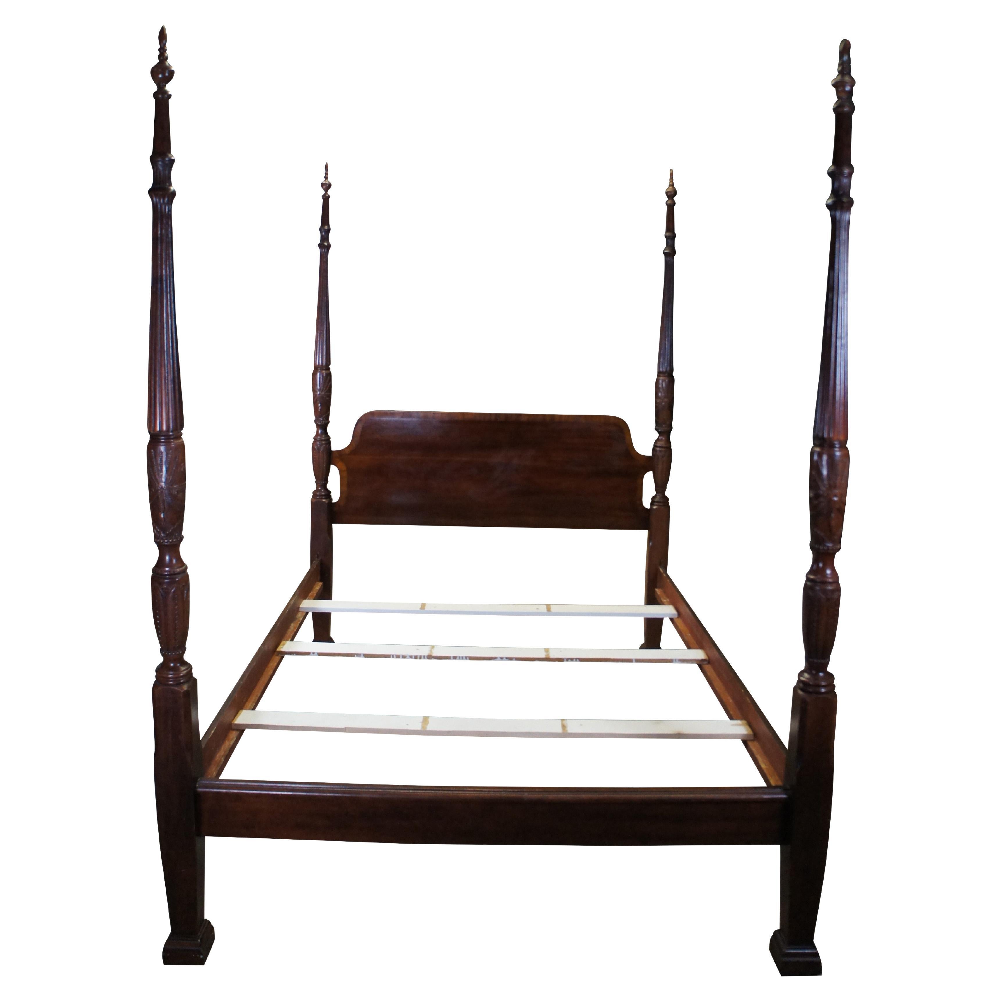 Vintage Georgian Style Mahogany Rice Carved Queen Size Plantation Poster Bed