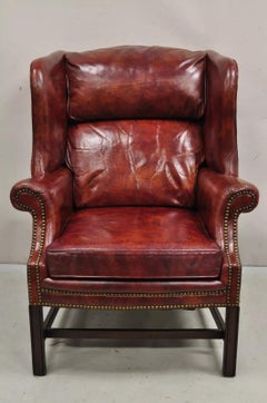 Vintage Georgian Style Red Burnished Leather Rolled Arm Wingback Arm Chair