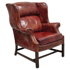 Vintage Georgian Style Red Burnished Leather Rolled Arm Wingback Arm Chair