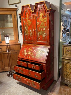 Vintage Georgian Style Red & Gilt Chinoiserie Secretary Desk