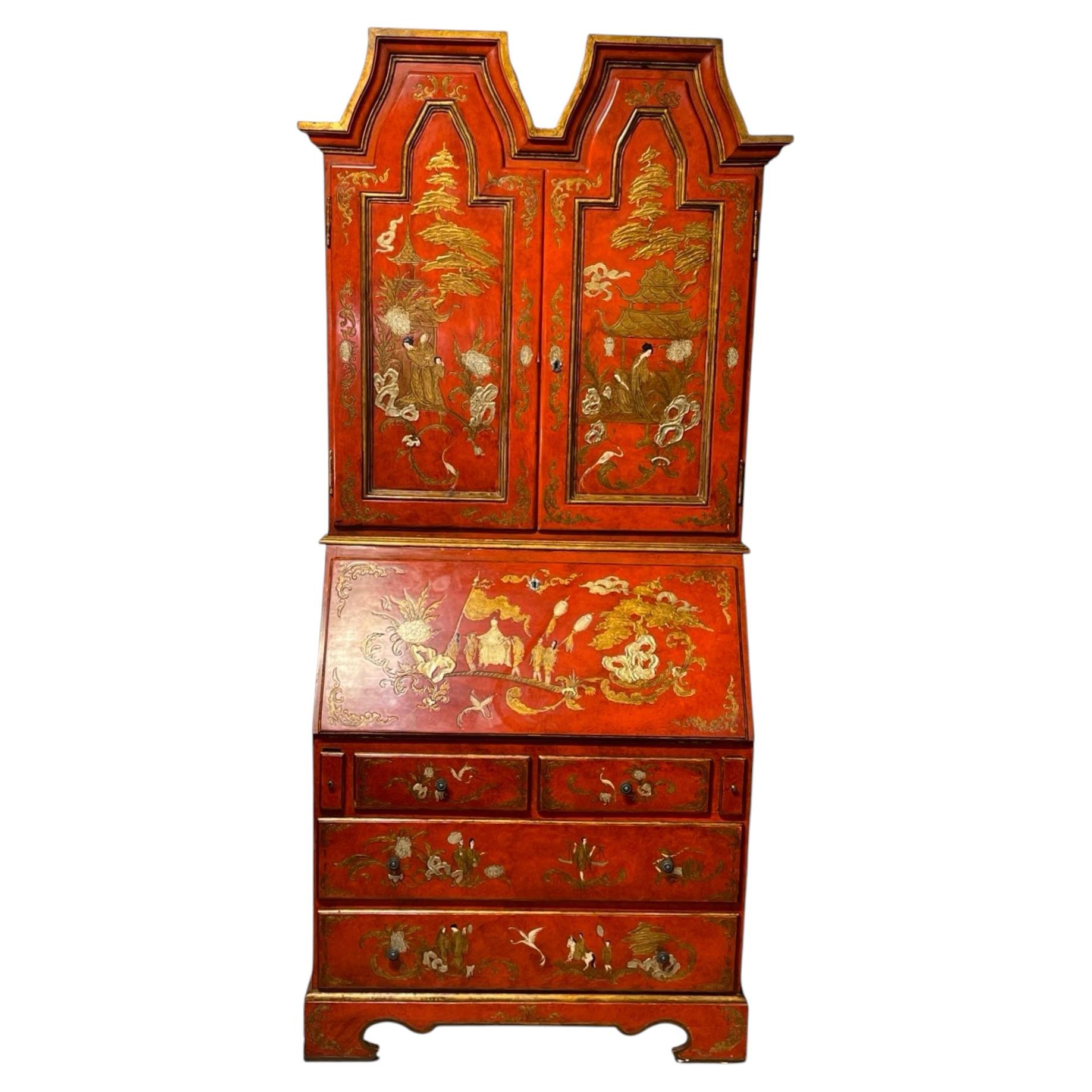 Vintage Georgian Style Red & Gilt Chinoiserie Secretary Desk