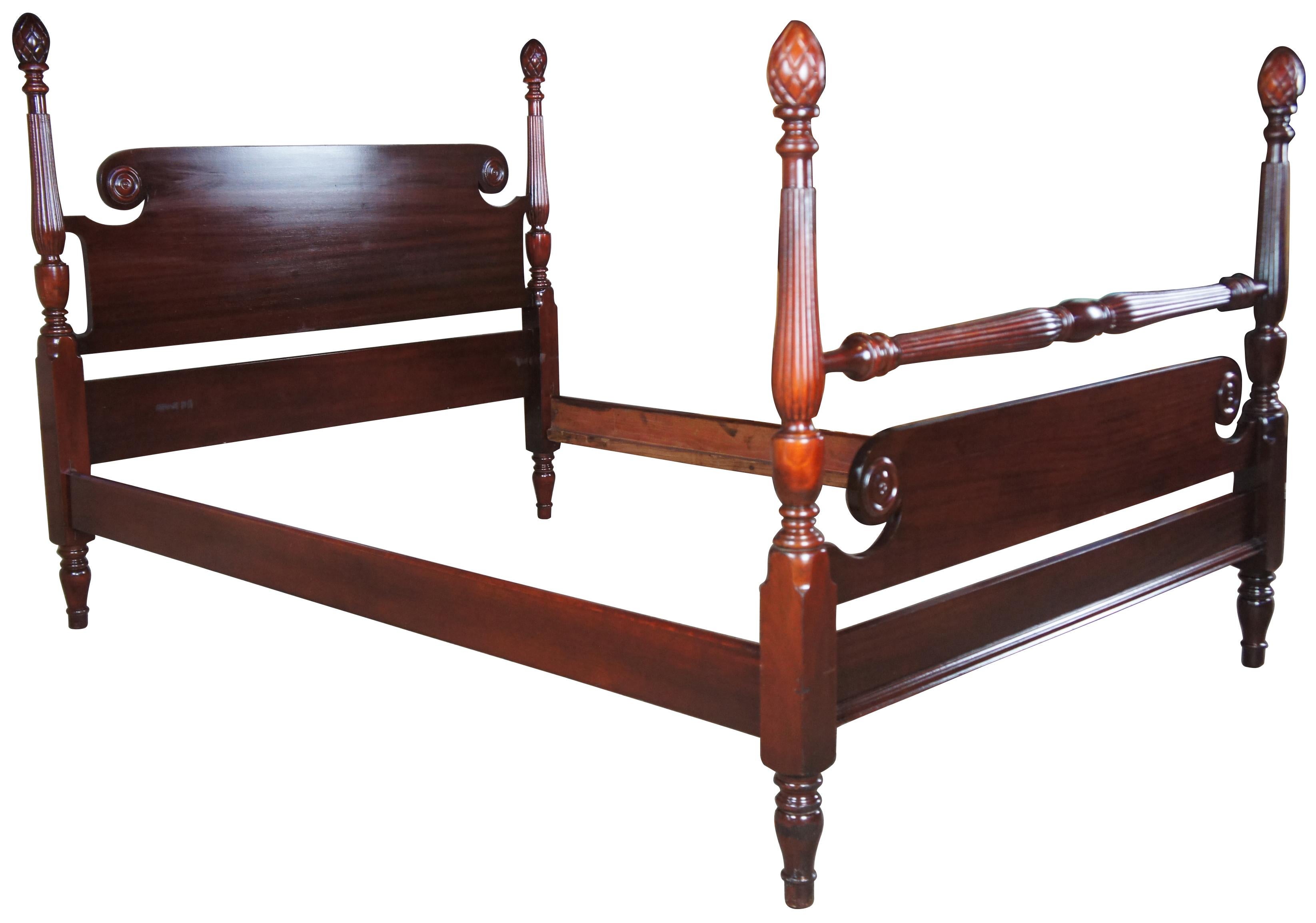 Vintage Georgian style solid mahogany four post full size bed pineapple finials

Mid-20th century American mahogany poster bed. Georgian style with fluted balusters featuring pineapple finials and circular medallions along the foot and headboard.