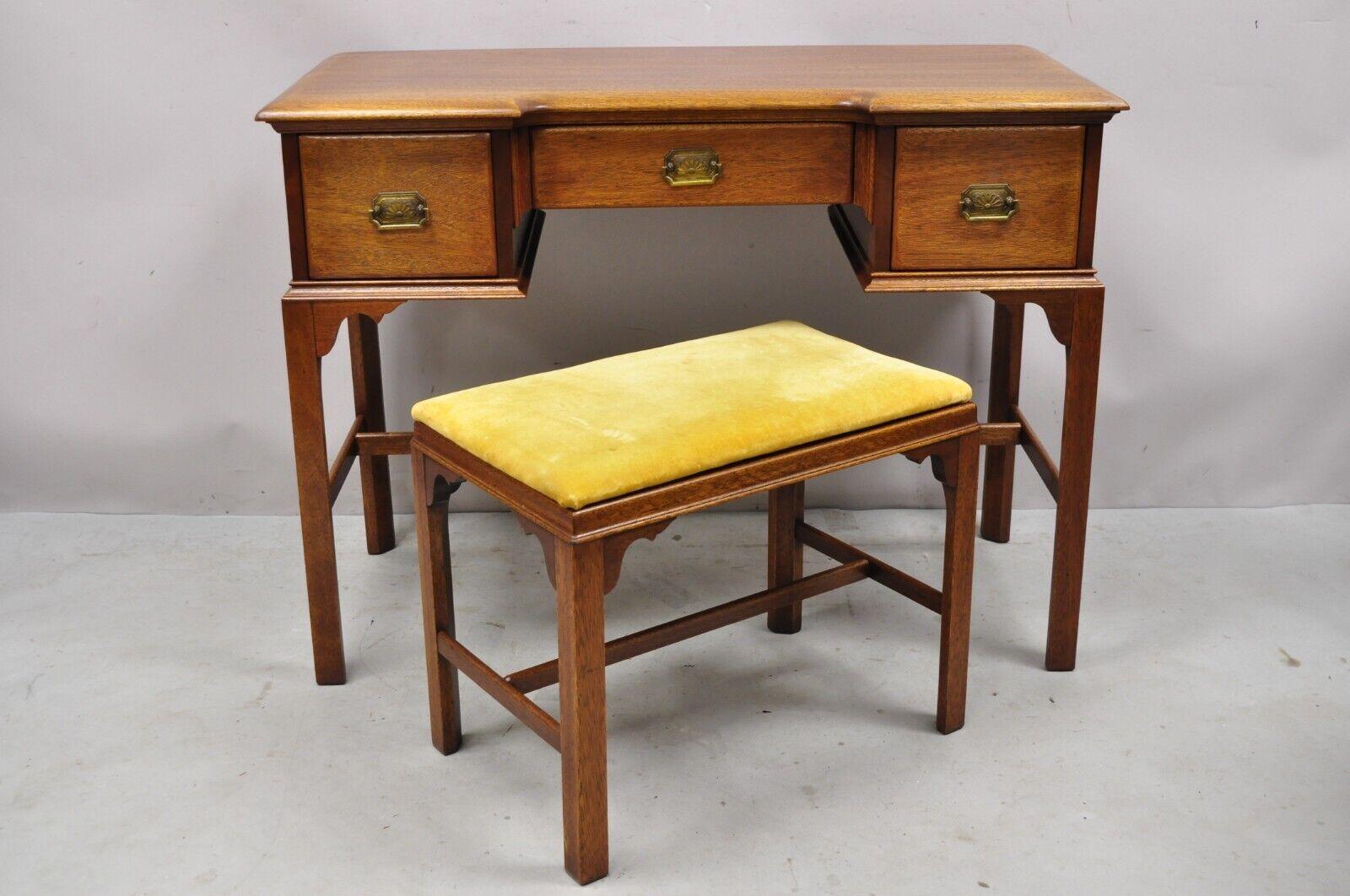 Vintage Georgian Style solid Mahogany Vanity table desk with Vanity Bench - 2 Pc Set. Item features (1) Vanity table, (1) vanity bench, solid wood construction, beautiful wood grain, 3 dovetailed drawers, solid brass hardware, quality American
