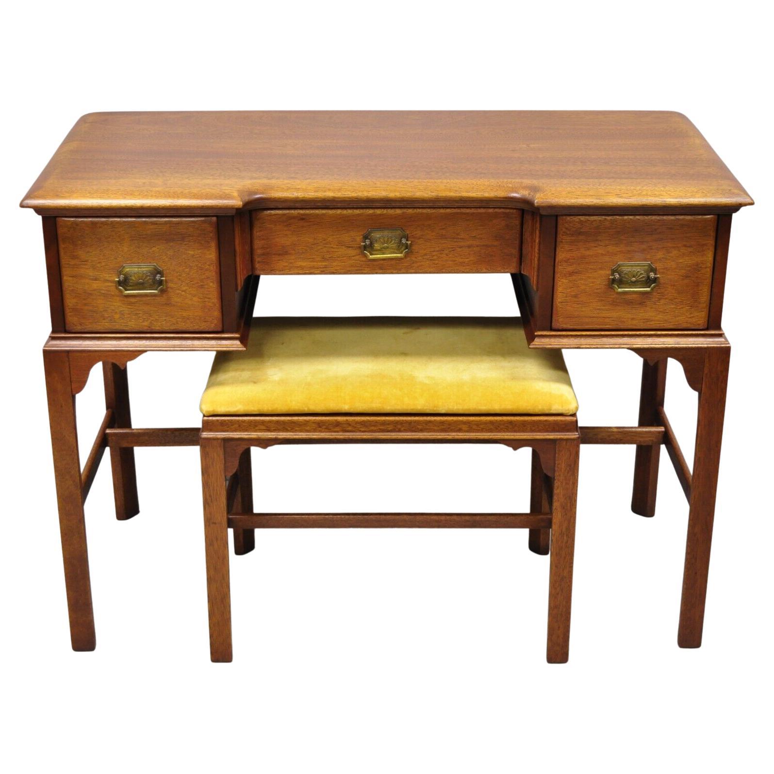 Vintage Georgian Style Solid Mahogany Vanity Table Desk W/ Vanity Bench 2 Pc Set