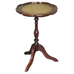 VINTAGE GEORGIAN STYLE TRIPOD WINE TABLE WITH SCALLOPED EDGE & LEATHER iNSET TOP