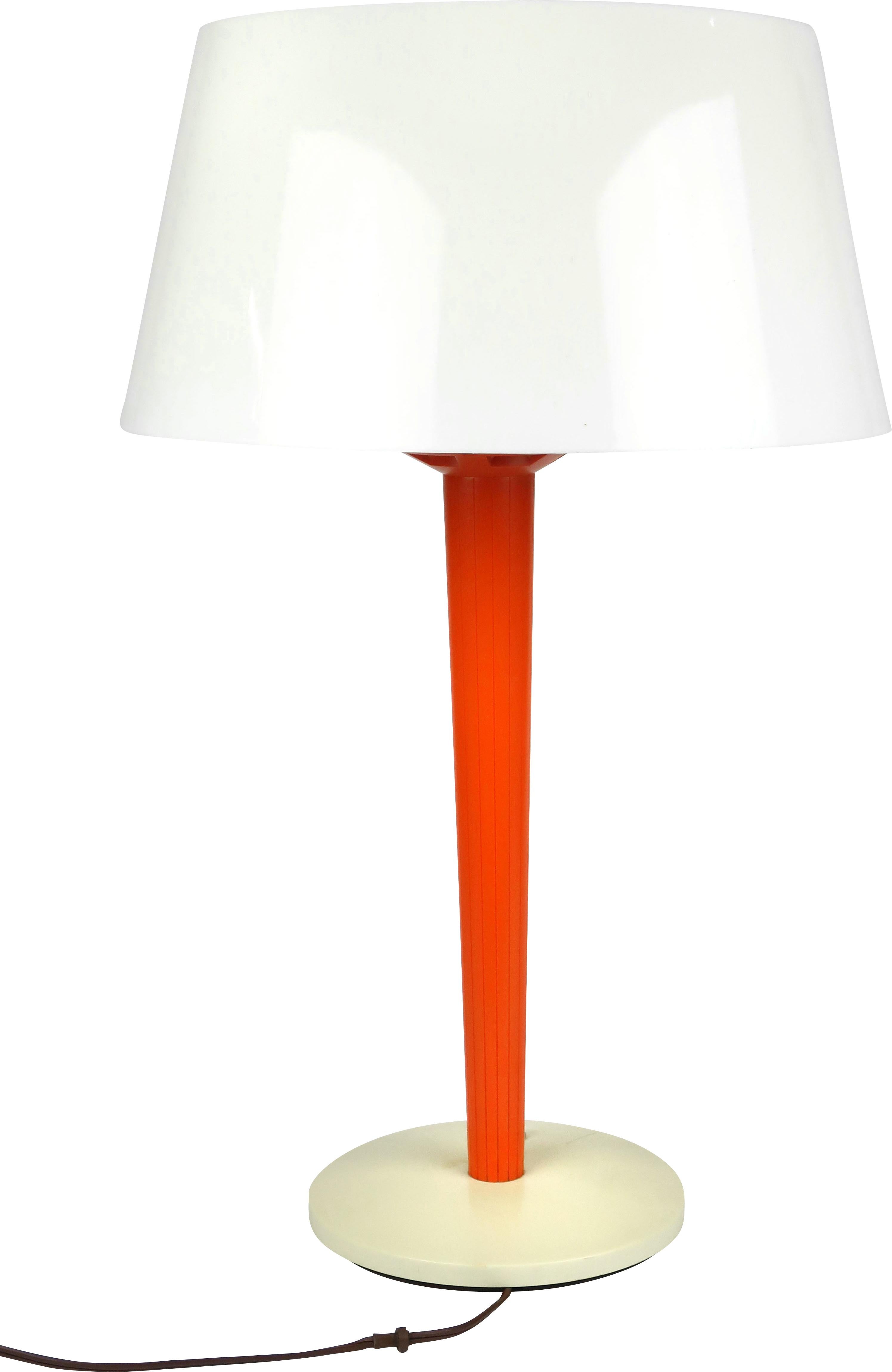 A Classic Mid-Century Modern Lightolier lamp designed by Gerald Thurston, a renowned lighting designer known for his work from the 1940s and 50s, with a bright orange plastic base and broad off-white shade. The shade has some damage from too high
