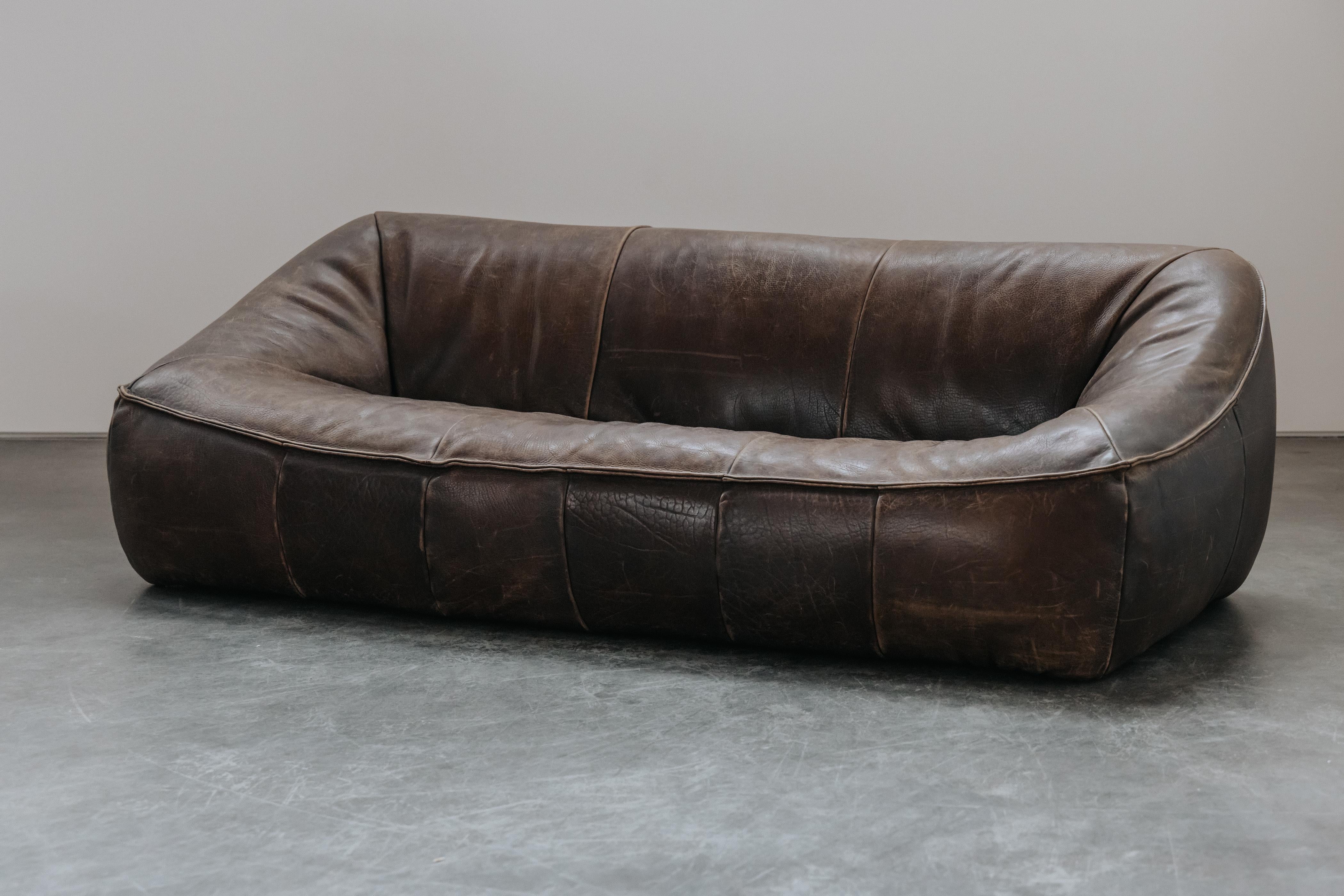 Vintage Gerard Van Den Berg Sofa, Model Ringo, From The Netherlands, Circa 1970.  Original brown leather upholstery with nice patina and use.