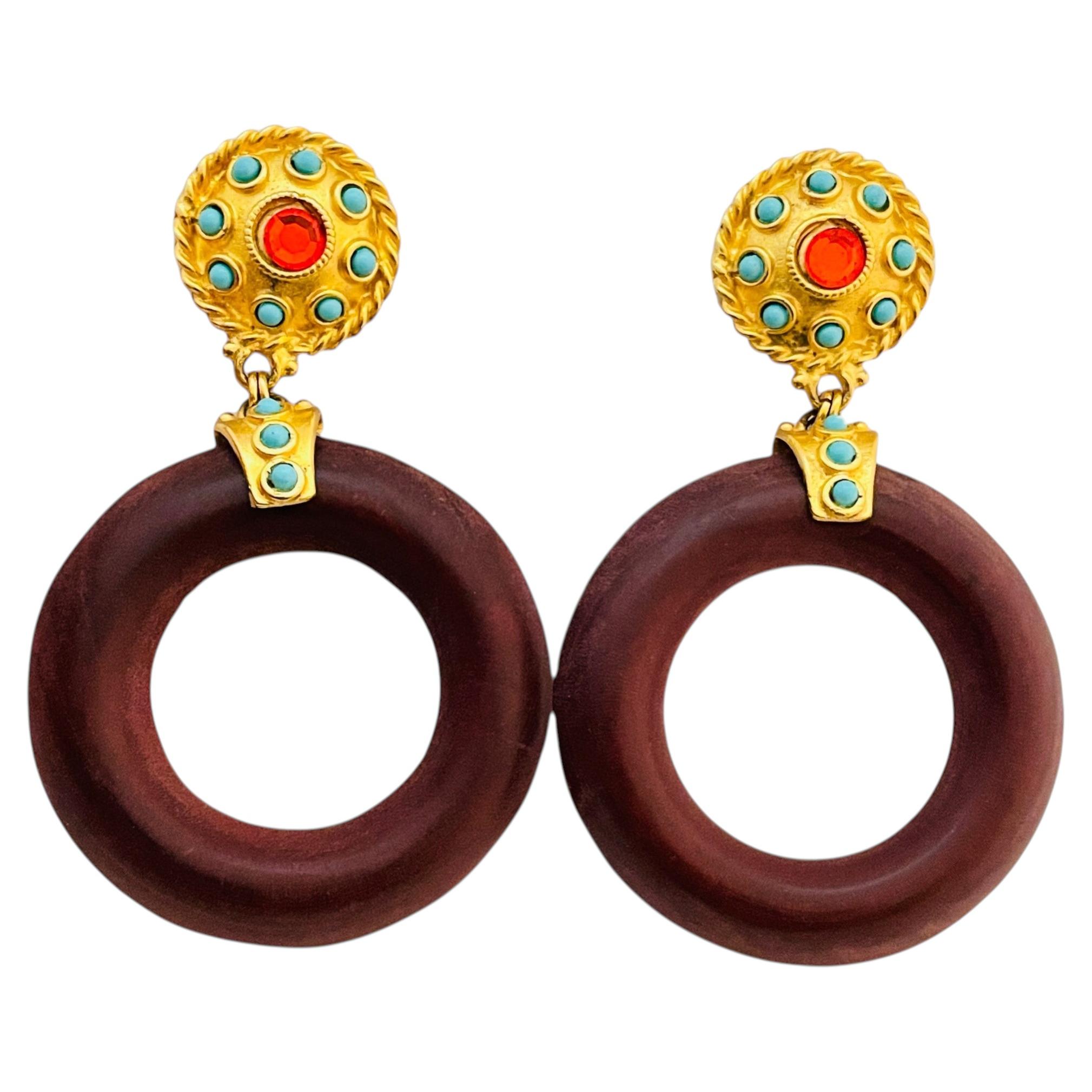 Vintage GERARD YOSCA gold Etruscan wood rhinestone designer runway clip on earri For Sale