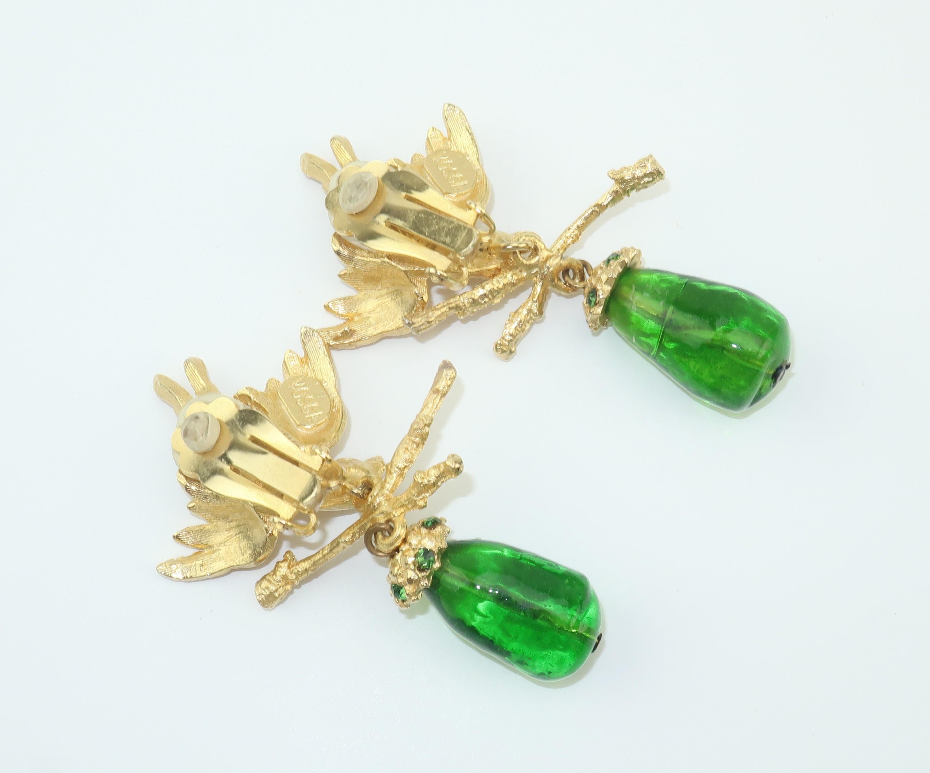 Romantic Vintage Gerard Yosca Gold Tone Bird Earrings With Green Glass 