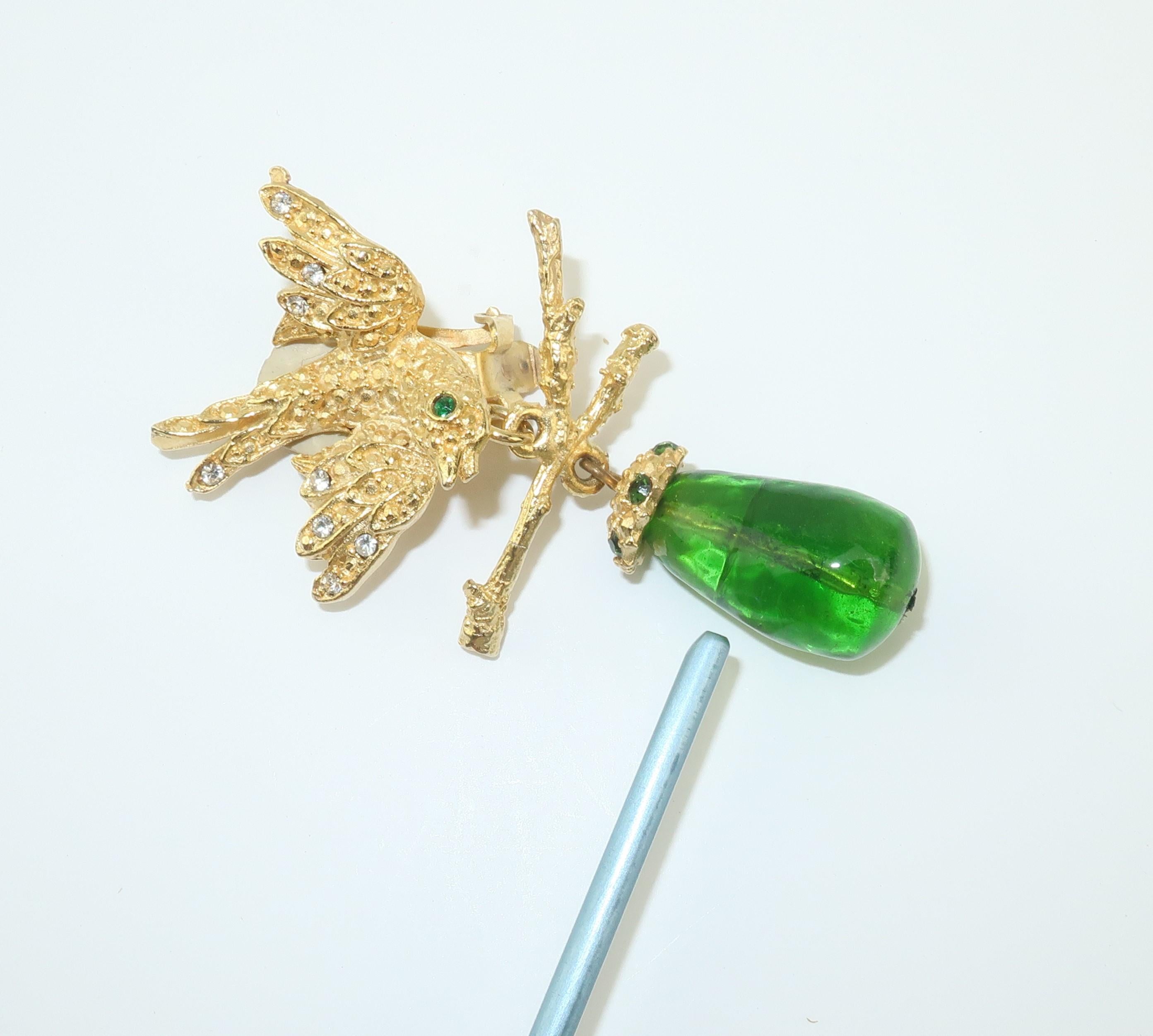Women's Vintage Gerard Yosca Gold Tone Bird Earrings With Green Glass 