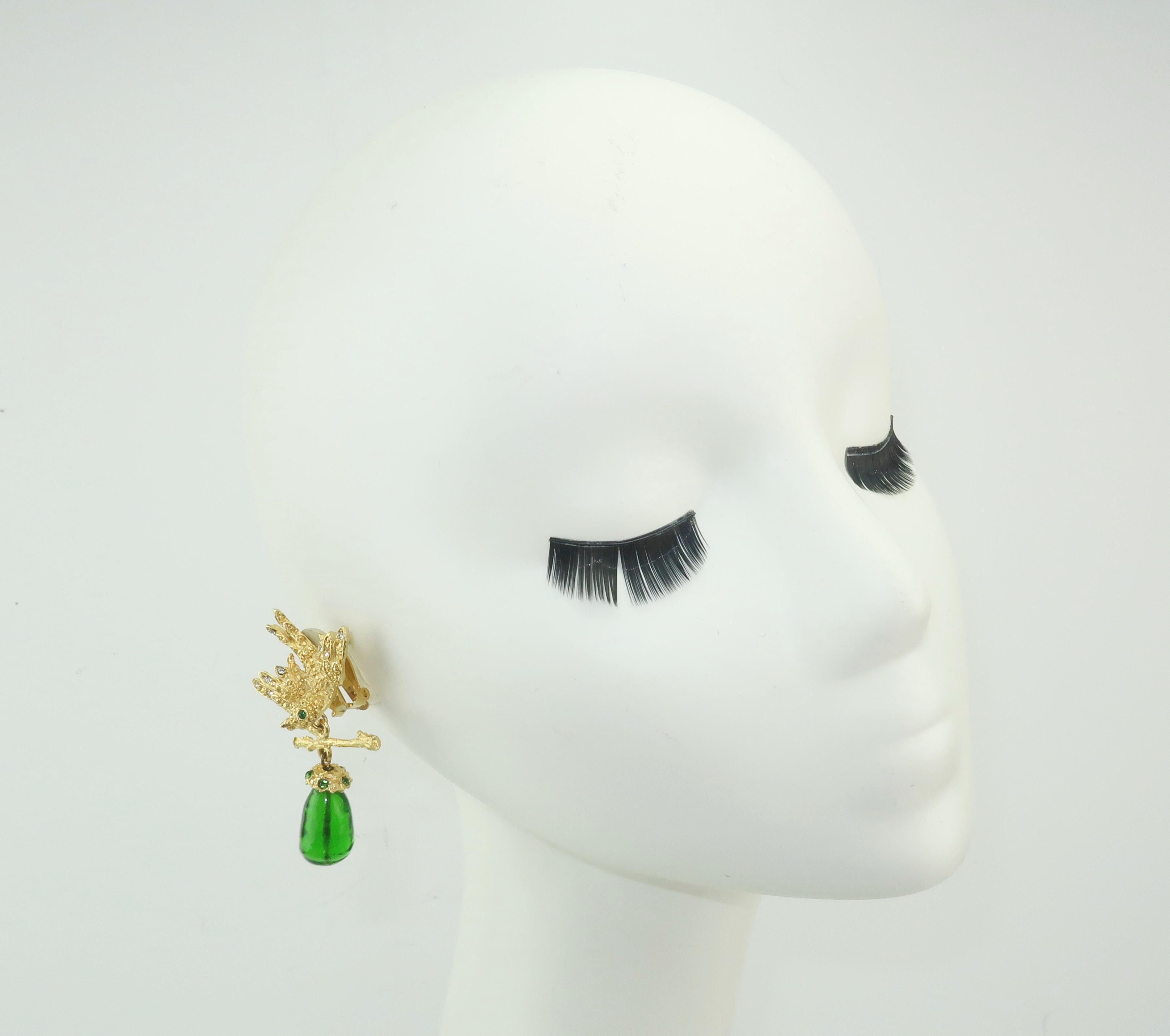 Vintage Gerard Yosca Gold Tone Bird Earrings With Green Glass  1