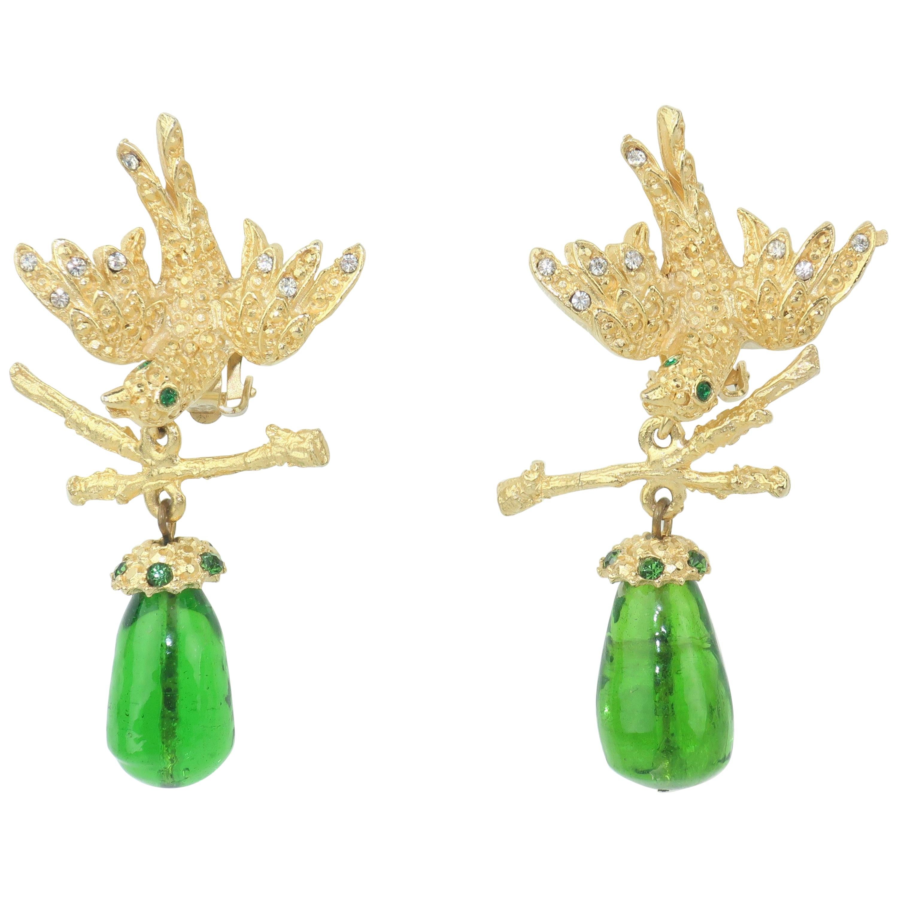 Vintage Gerard Yosca Gold Tone Bird Earrings With Green Glass 