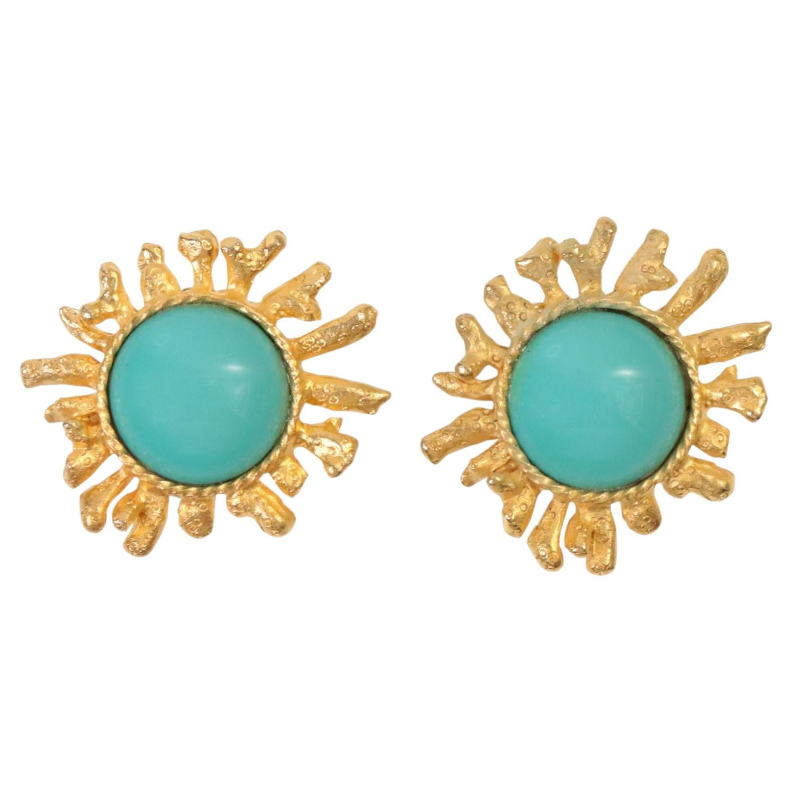 Vintage Gerard Yosca Gold Tone Faux Turquoise Clip-On Earrings, 1980s For Sale