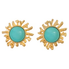 Vintage Gerard Yosca Gold Tone Faux Turquoise Clip-On Earrings, 1980s