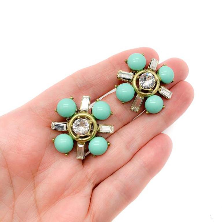 Vintage Gerard YOSCA Earrings. Featuring fancy cut crystals and turquoise blue glass cabochon stones in a gold tone setting. A graduate from the Parsons School of Design, New York City-based designer Gerard Yosca is a legend among the fashion and