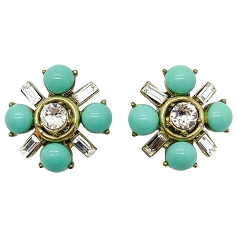 Vintage Gerard Yosca Turquoise & Crystal Earrings 1990Ss For Sale