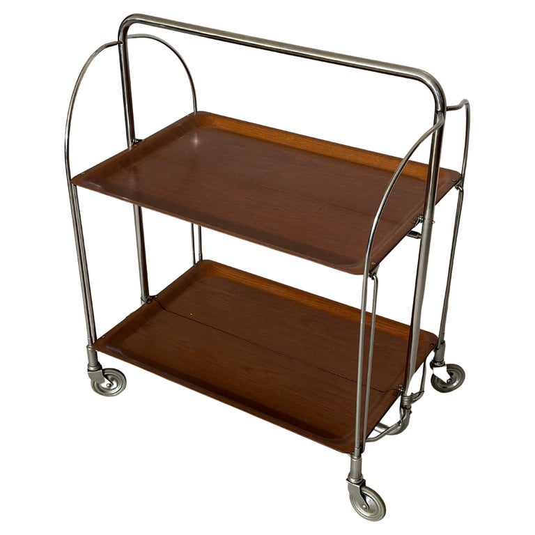 Chariot de bar pliable années 70, table d'appoint, orange, plastique chromé, style rétro années 70, style panton. - France