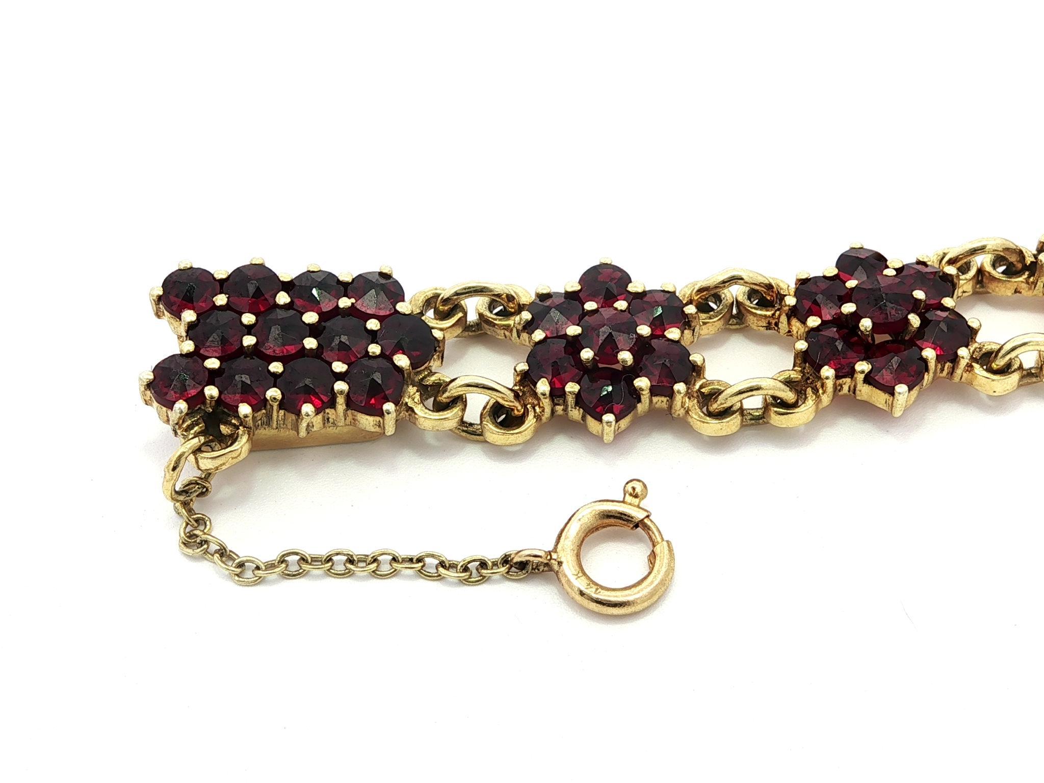 Vintage Deutsch 14k Gelbgold böhmischen Granat Cluster Blume Link-Armband im Angebot 1