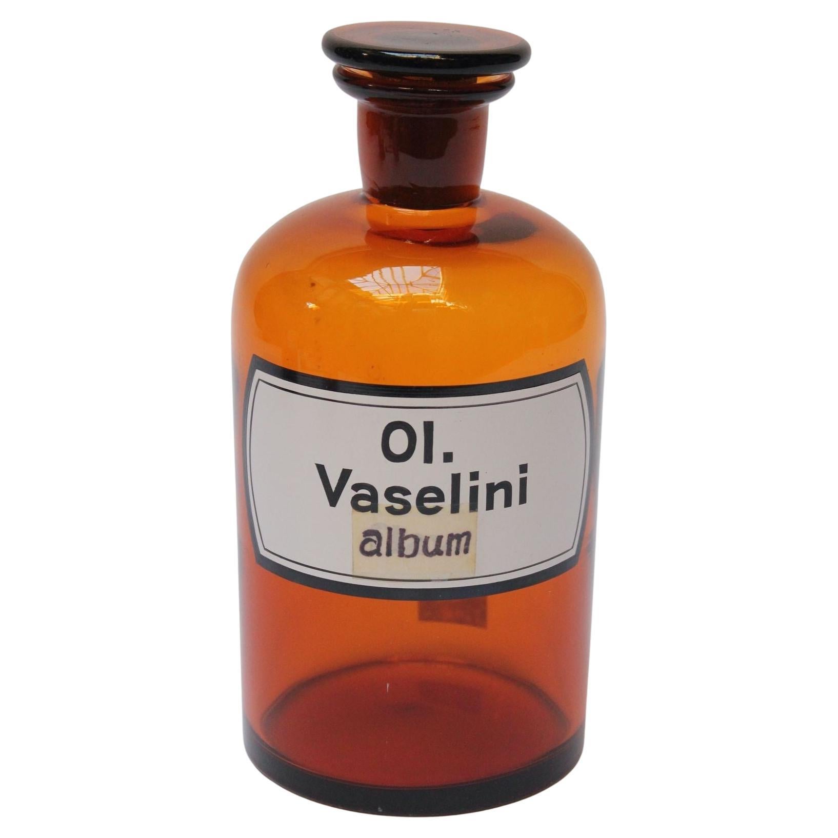 Vintage German Amber Glass "Ol. Vaselini" Apothecary Bottle For Sale