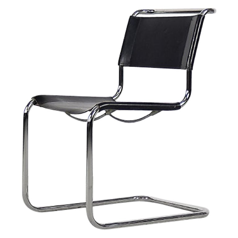 Sedia vintage tedesca Bauhaus Icon in pelle nera e cromo S33 di Mart Stam, anni '60