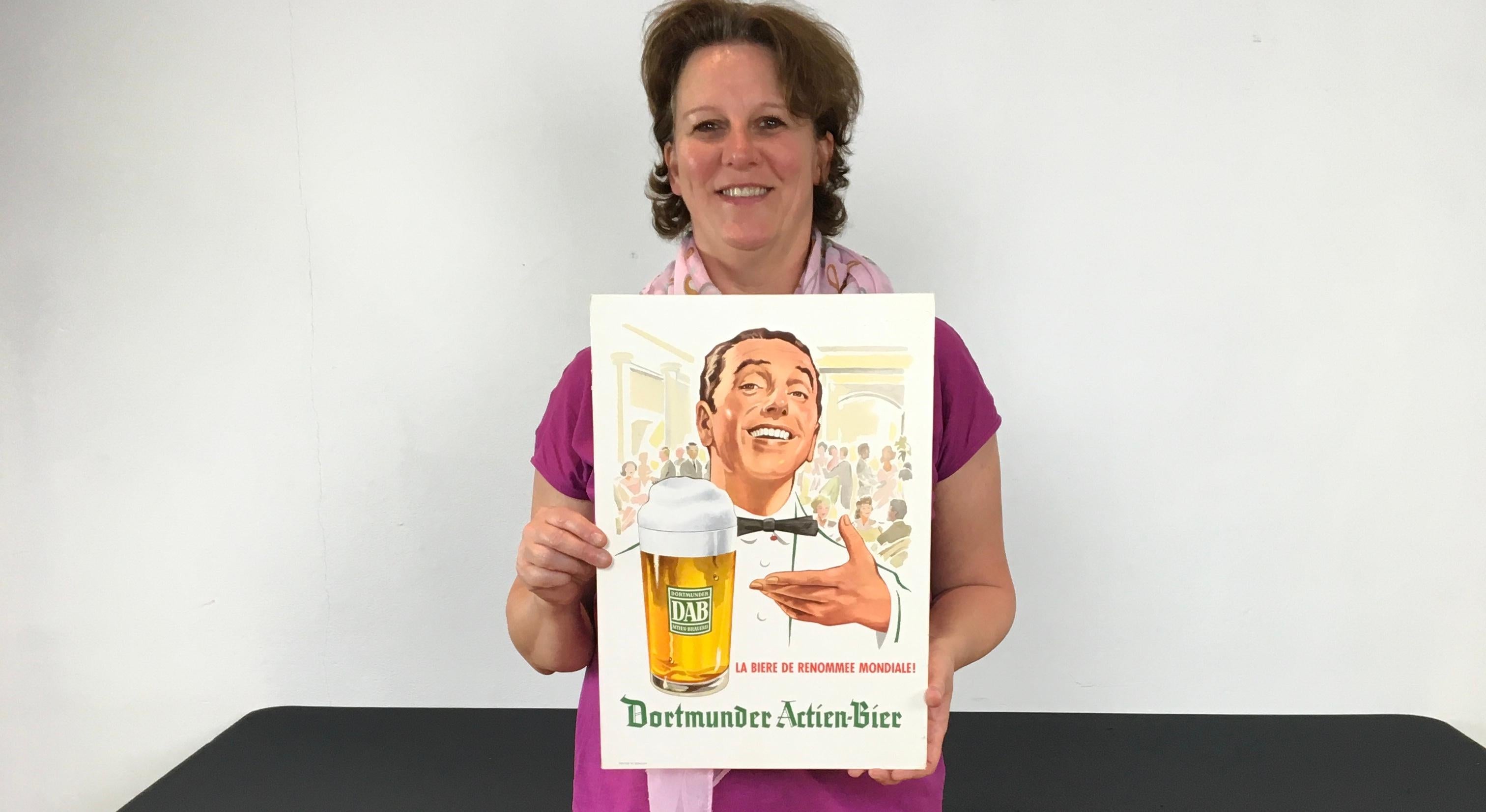 Vintage German beer sign with waiter. 
A great looking beer advertising sign - advertising display for German beer.
This vintage sign dates 1950 - 1960 and can be used 
as wall decoration or can stand. 
You see a good looking waiter with big smile,