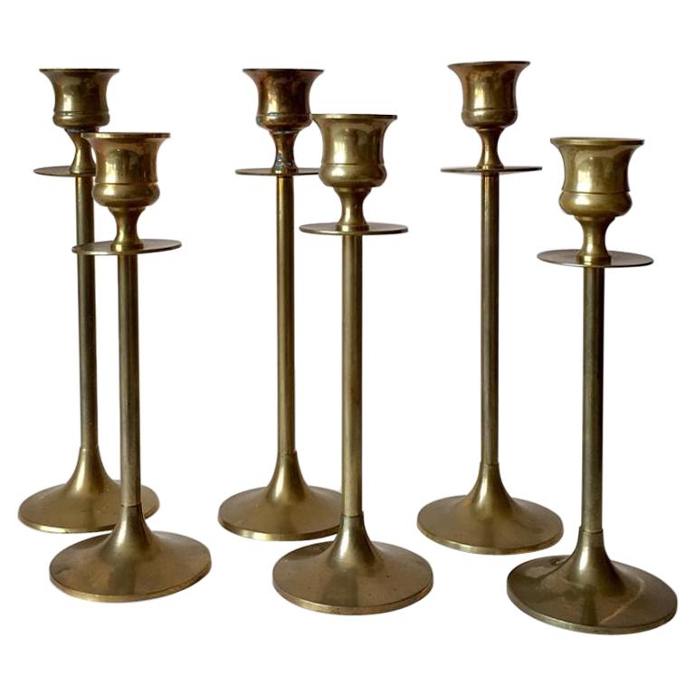 Vintage German Brass Candleholders, Set of 6 For Sale