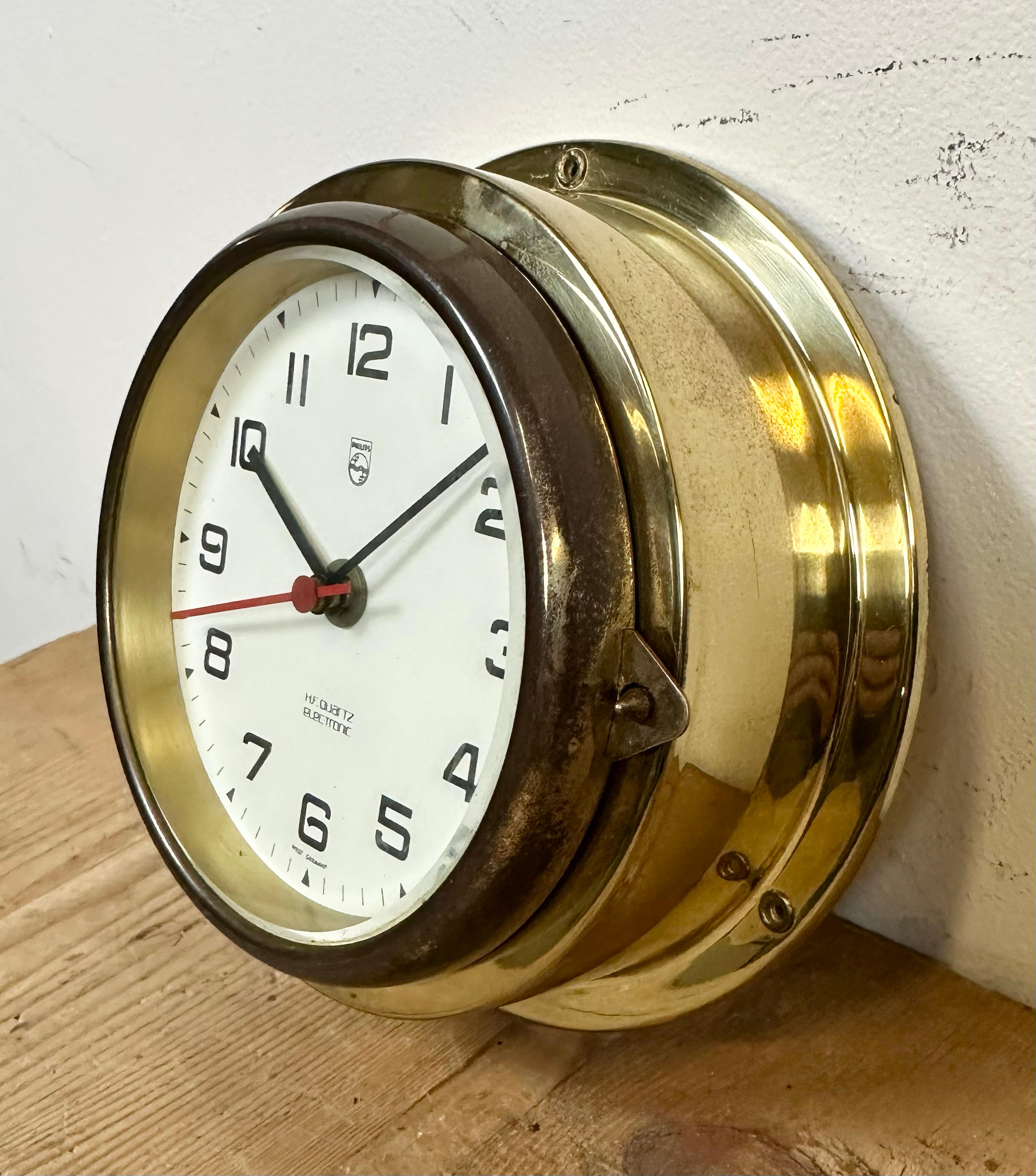 Industrial Vintage German Brass Ship Clock from Philips, 1970s For Sale